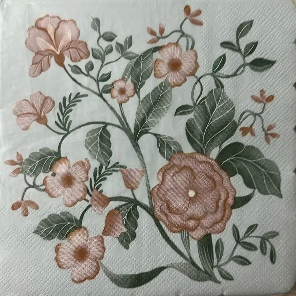 OCS Pastel Blue Coral Green Floral Scalloped Square Lunch Napkins 40 pk x 2
